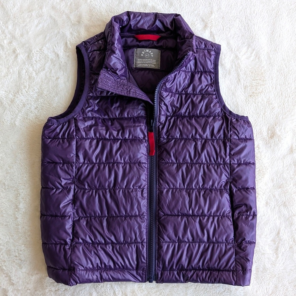 Primary Kids Puffer Vest Purple Quilted Full Zip Recycled Polyester Size 6-7
